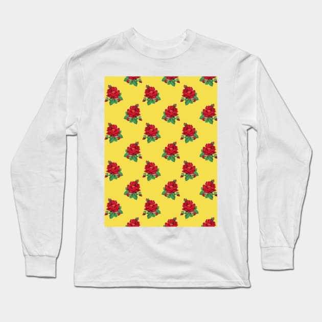 Red vintage roses on Illuminating Yellow Long Sleeve T-Shirt by bettyretro